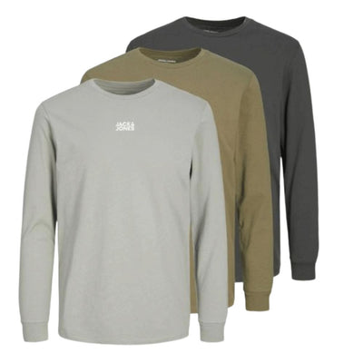 jack & jones men's jwhalfie 3 pack long sleeve tee olive/grey