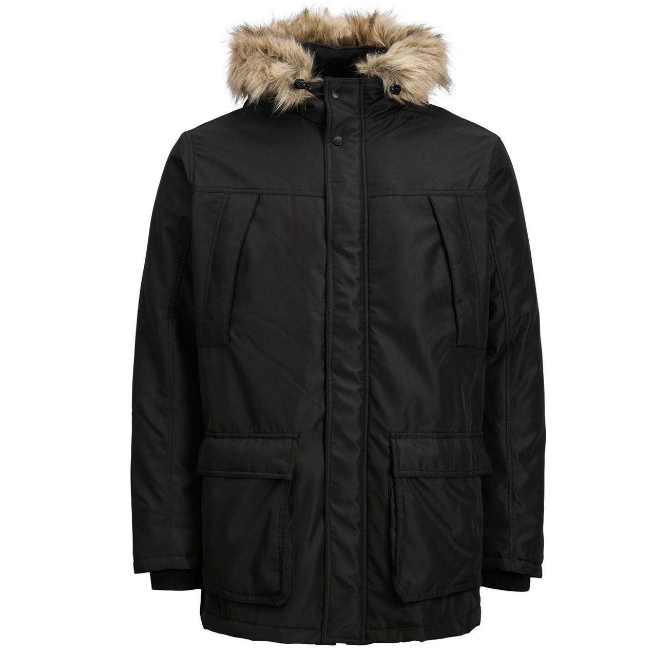 Jack & Jones Mens Coat Parka Long Sleeve Winter Coat Black Zip Coat Long Coat - MRGOUTLETS
